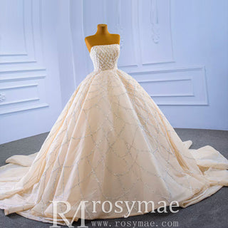 Strapless Beaded Champagne Ball Gown Wedding Dress