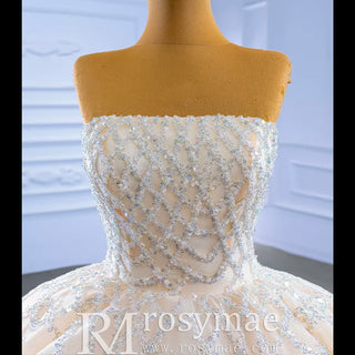 Strapless Beaded Champagne Ball Gown Wedding Dress