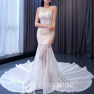 Sexy Scoop Mermaid Wedding Dress Beaded Sheer Bridal Gown