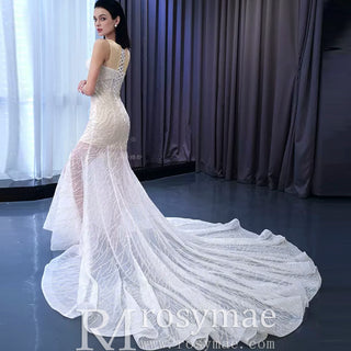 Sexy Scoop Mermaid Wedding Dress Beaded Sheer Bridal Gown