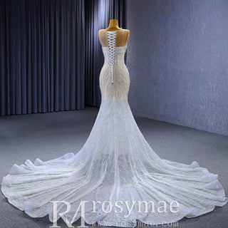Sexy Scoop Mermaid Wedding Dress Beaded Sheer Bridal Gown