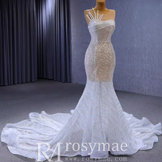 Sexy Scoop Mermaid Wedding Dress Beaded Sheer Bridal Gown