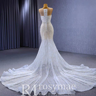 Sexy Scoop Mermaid Wedding Dress Beaded Sheer Bridal Gown