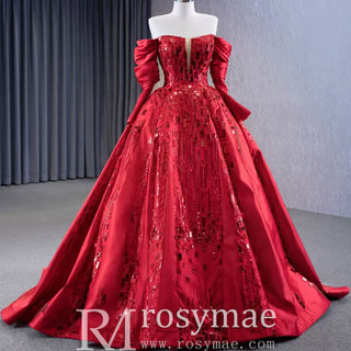 Red Off the Shoulder Sequin Quinceanera Dress Long Sleeve Formal Gown