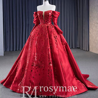 Red Off the Shoulder Sequin Quinceanera Dress Long Sleeve Formal Gown