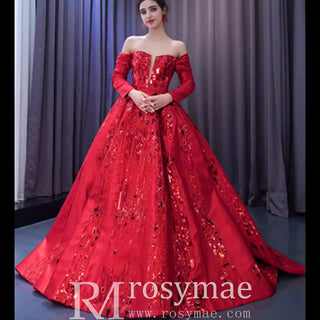 Red Off the Shoulder Sequin Quinceanera Dress Long Sleeve Formal Gown