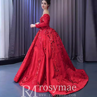 Red Off the Shoulder Sequin Quinceanera Dress Long Sleeve Formal Gown