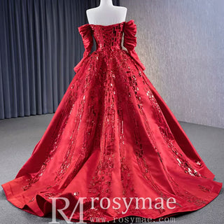 Red Off the Shoulder Sequin Quinceanera Dress Long Sleeve Formal Gown