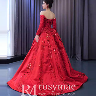 Red Off the Shoulder Sequin Quinceanera Dress Long Sleeve Formal Gown