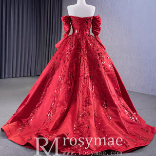 Red Off the Shoulder Sequin Quinceanera Dress Long Sleeve Formal Gown