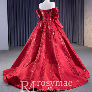 Red Off the Shoulder Sequin Quinceanera Dress Long Sleeve Formal Gown