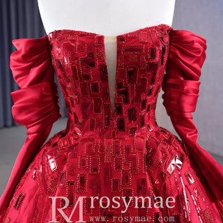 Red Off the Shoulder Sequin Quinceanera Dress Long Sleeve Formal Gown