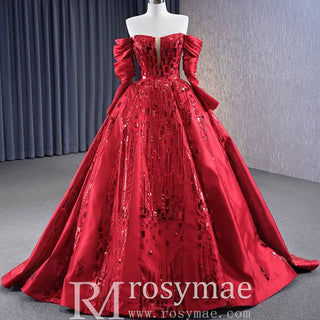 Red Off the Shoulder Sequin Quinceanera Dress Long Sleeve Formal Gown