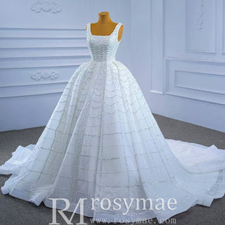 Square Neck Beaded Luxury Ball Gown Puffy Wedding Dress