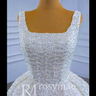 Square Neck Beaded Luxury Ball Gown Puffy Wedding Dress