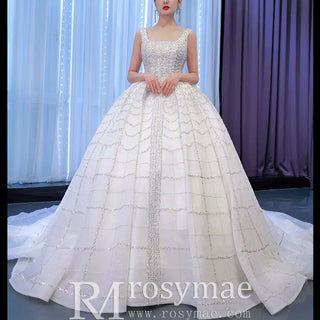 Square Neck Beaded Luxury Ball Gown Puffy Wedding Dress