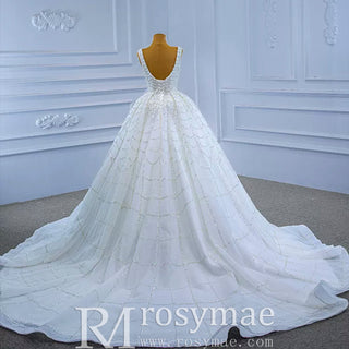 Square Neck Beaded Luxury Ball Gown Puffy Wedding Dress