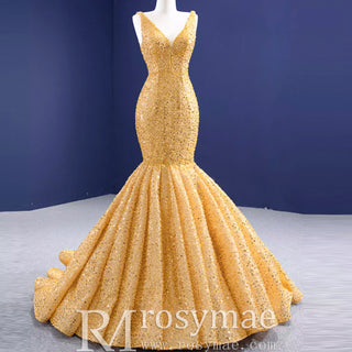 Luxury Gold Mermaid Vneck Wedding Dresses Trumpet Pageant Gown