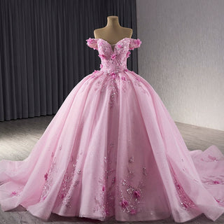 Pink Sparkly Lace Applique 3D Flower Quince Dress with Off the Shoulder