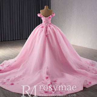 Pink Sparkly Lace Applique 3D Flower Quince Dress with Off the Shoulder