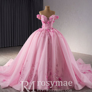 Pink Sparkly Lace Applique 3D Flower Quince Dress with Off the Shoulder