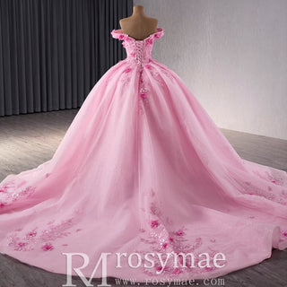 Pink Sparkly Lace Applique 3D Flower Quince Dress with Off the Shoulder