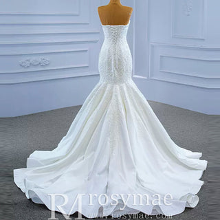 Strapless Lace Mermaid Wedding Dress Sweetheart Beaded Bridal Gown