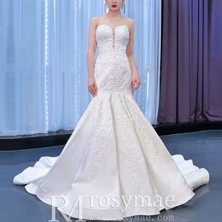 Strapless Lace Mermaid Wedding Dress Sweetheart Beaded Bridal Gown