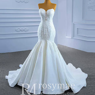 Strapless Lace Mermaid Wedding Dress Sweetheart Beaded Bridal Gown