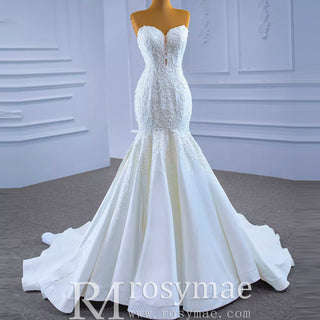 Strapless Lace Mermaid Wedding Dress Sweetheart Beaded Bridal Gown