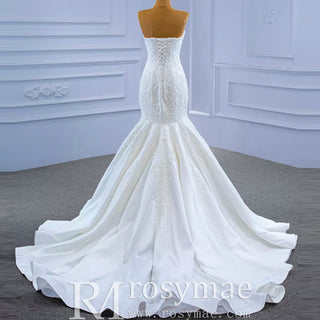 Strapless Lace Mermaid Wedding Dress Sweetheart Beaded Bridal Gown