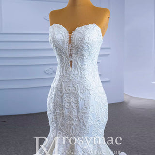 Strapless Lace Mermaid Wedding Dress Sweetheart Beaded Bridal Gown