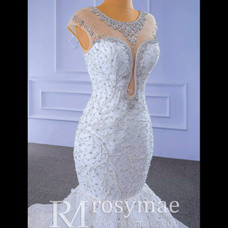 Luxury Cap Sleeve Beaded Trumpet Sparkly Wedding Dress