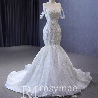 Trumpet Pearl Wedding Dress Off the Shoulder Bridal Dress