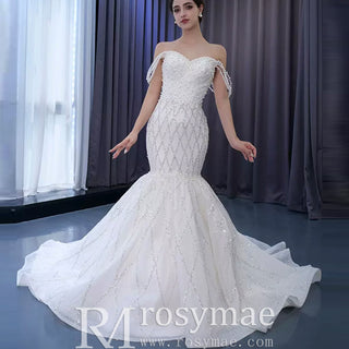 Trumpet Pearl Wedding Dress Off the Shoulder Bridal Dress