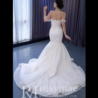 Trumpet Pearl Wedding Dress Off the Shoulder Bridal Dress