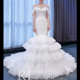 Tiered Ruffle Mermaid Wedding Dress with Detachable Straps