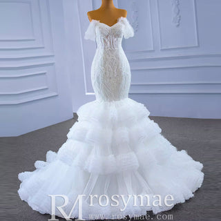 Tiered Ruffle Mermaid Wedding Dress with Detachable Straps