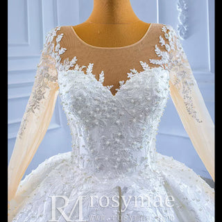 Beaded Lace Appliqued Satin Puffy Wedding Gown with Long Sleeve