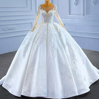 Beaded Lace Appliqued Satin Puffy Wedding Gown with Long Sleeve