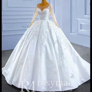 Beaded Lace Appliqued Satin Puffy Wedding Gown with Long Sleeve