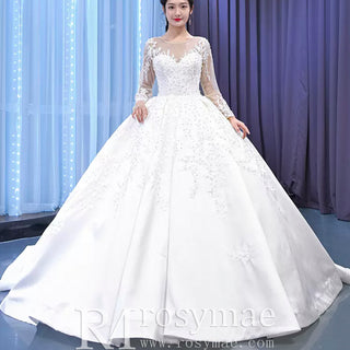 Beaded Lace Appliqued Satin Puffy Wedding Gown with Long Sleeve