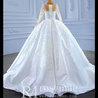 Beaded Lace Appliqued Satin Puffy Wedding Gown with Long Sleeve