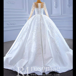 Beaded Lace Appliqued Satin Puffy Wedding Gown with Long Sleeve