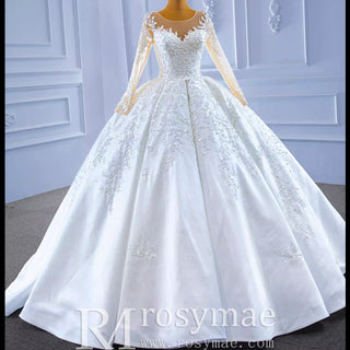 Beaded Lace Appliqued Satin Puffy Wedding Gown with Long Sleeve