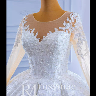 Beaded Lace Appliqued Satin Puffy Wedding Gown with Long Sleeve