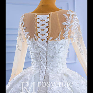 Beaded Lace Appliqued Satin Puffy Wedding Gown with Long Sleeve