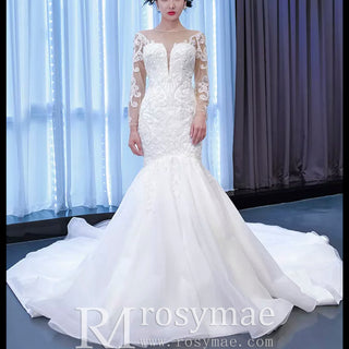 Beaded Sheer Neck Mermaid Wedding Dresses with Long Sleeves