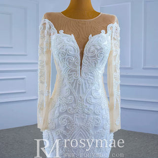 Beaded Sheer Neck Mermaid Wedding Dresses with Long Sleeves