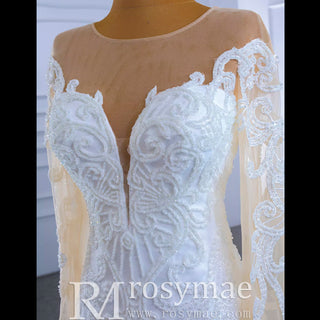 Beaded Sheer Neck Mermaid Wedding Dresses with Long Sleeves